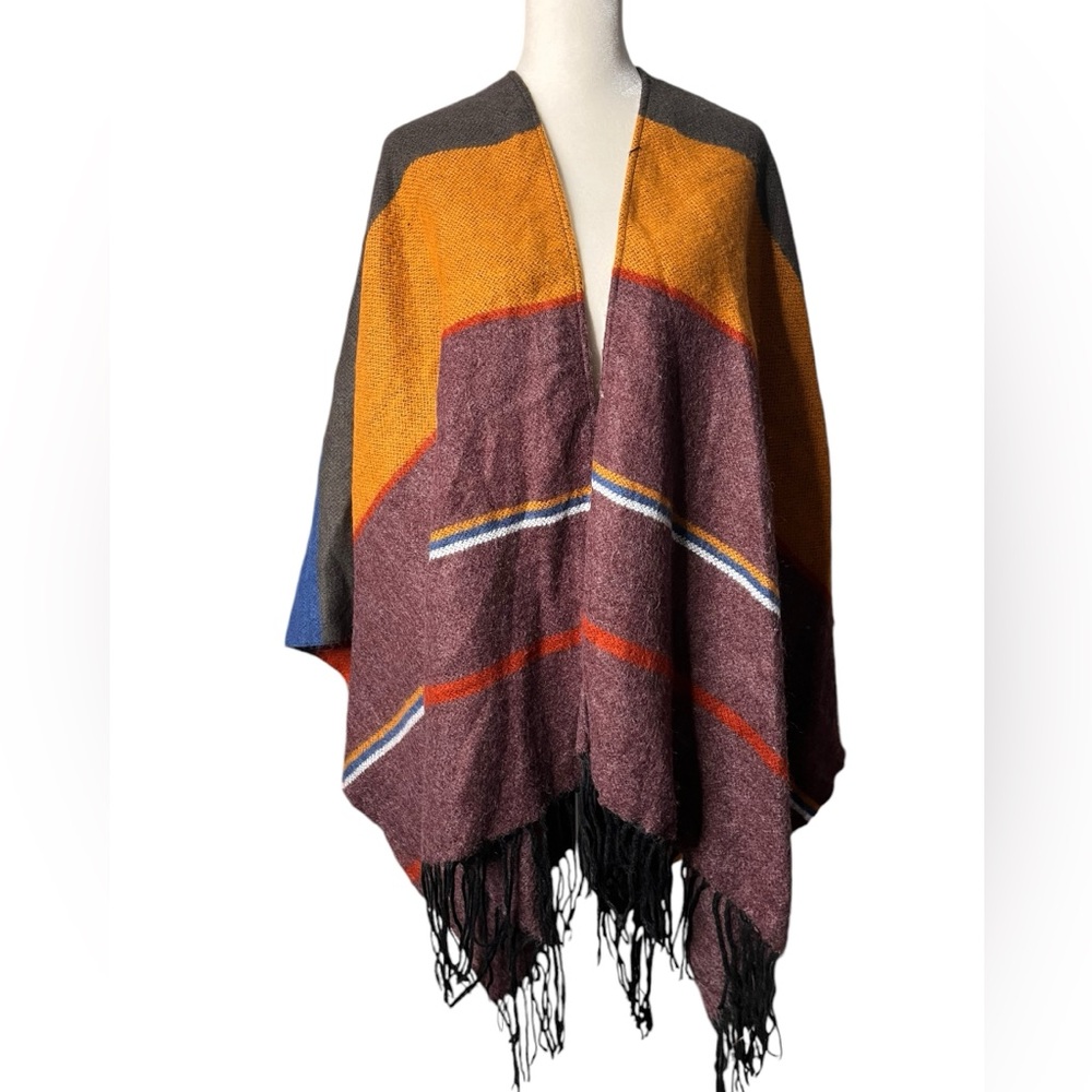 Woven Heart Fringed Poncho Pumpkin Spice Plaid Stripe Cozy Fall Wrap One Size